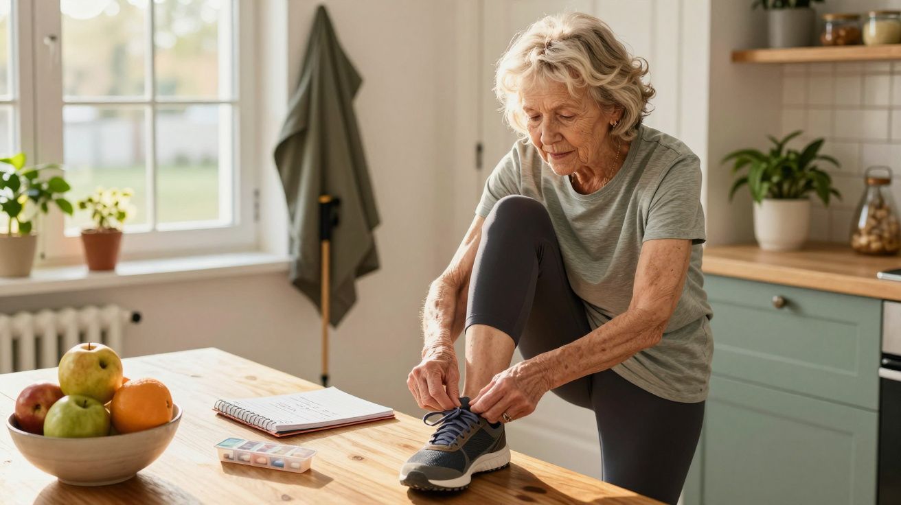 Idosa a atar os ténis na cozinha, ao lado de frutas e caderno.