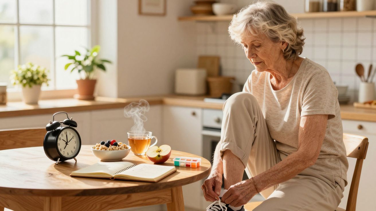 Idosa amarra sapatos na cozinha, com alimentos saudáveis e chá sobre a mesa ao lado de um despertador.
