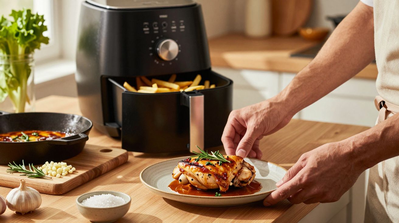 Pessoa a preparar prato com frango e alecrim ao lado de uma fritadeira com batatas fritas na bancada da cozinha.