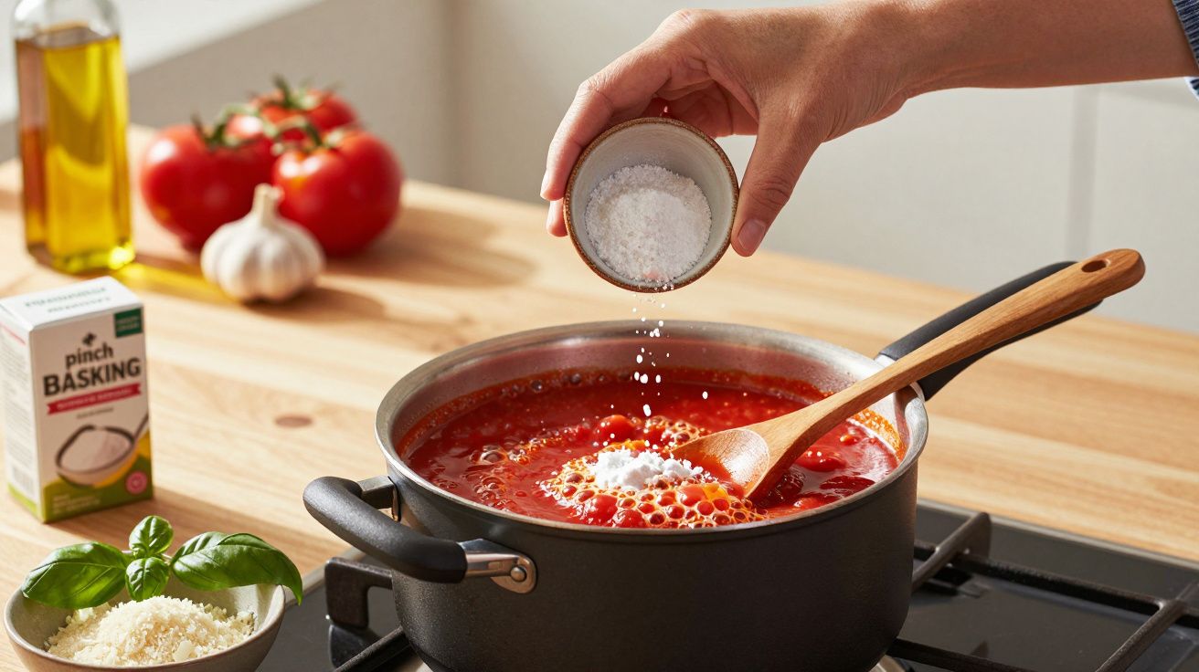 Pessoa adiciona sal a molho de tomate numa panela sobre fogão. Ingredientes ao fundo: tomates, alho, manjericão e azeite.