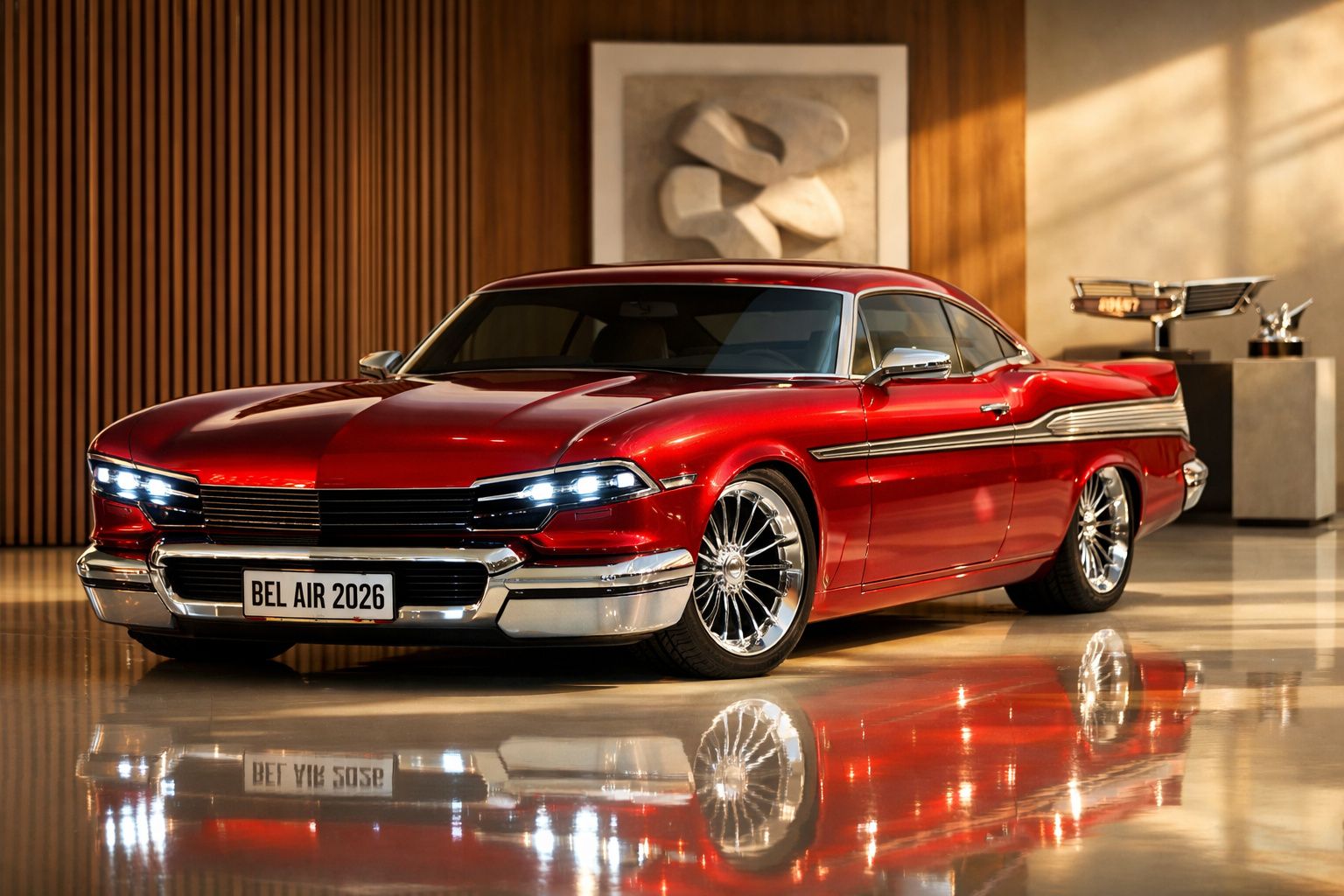 Carro clássico azul claro, modelo antigo, exibido num showroom circular com paredes de vidro.