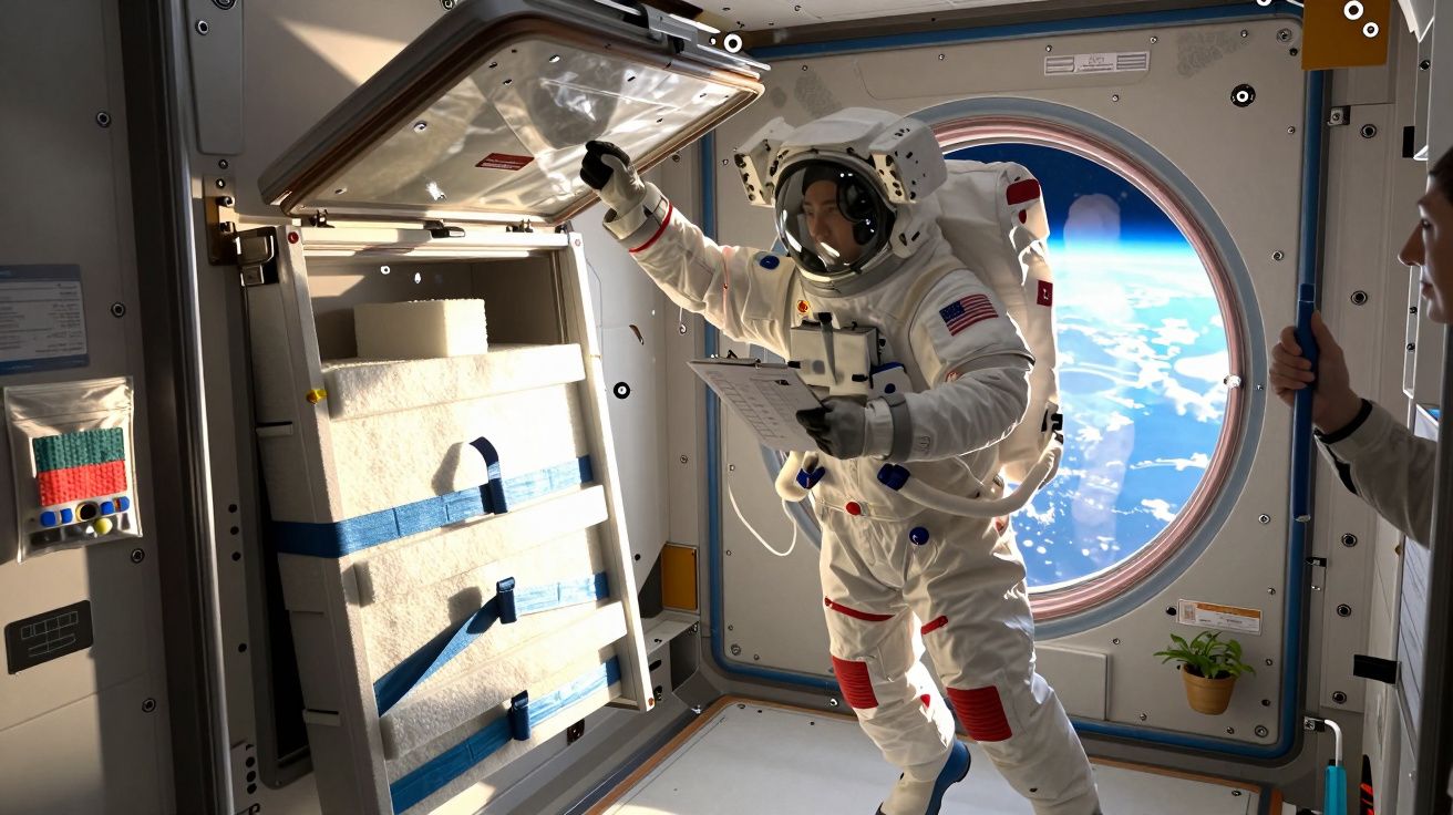 Astronauta em traje espacial dentro da estação, segurando lista, com janela mostrando vista da Terra ao fundo.