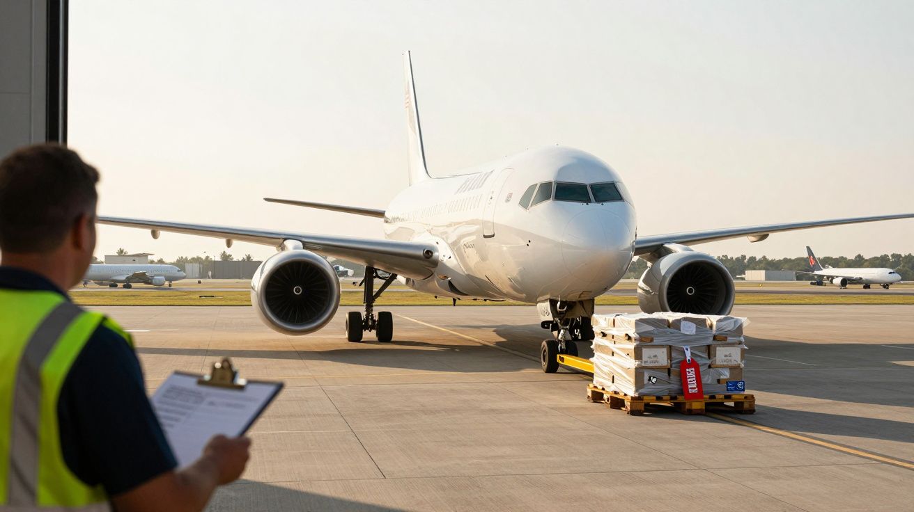 Homem observa um avião de carga estacionado na pista com caixas no solo ao pôr do sol.
