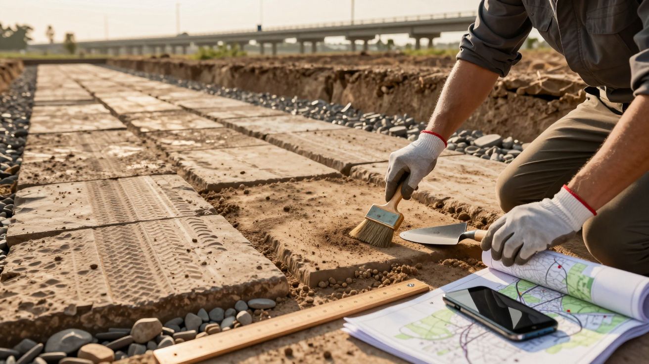 Pessoa a escavar com pincel e espátula numa estrada em construção, mapas e smartphone ao lado.