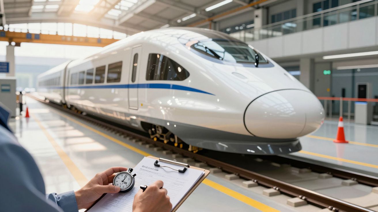 Funcionário com cronómetro e bloco de notas observa comboio de alta velocidade em paragem numa estação moderna.