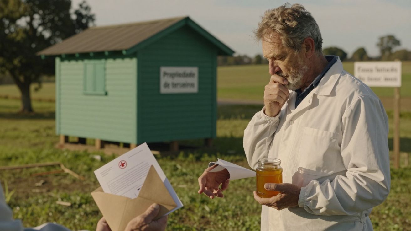 Homem de casaco branco segura frasco de mel, em frente a casa verde, com placa "Propriedade de terrenos" ao fundo.