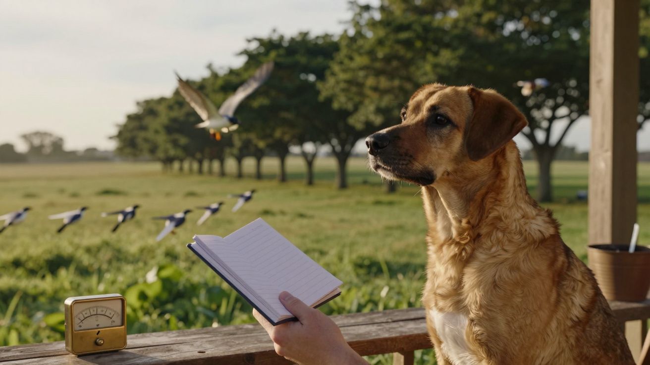 Cão sentado em varanda, observando pássaros com caderno e relógio à vista, árvores verdes ao fundo.