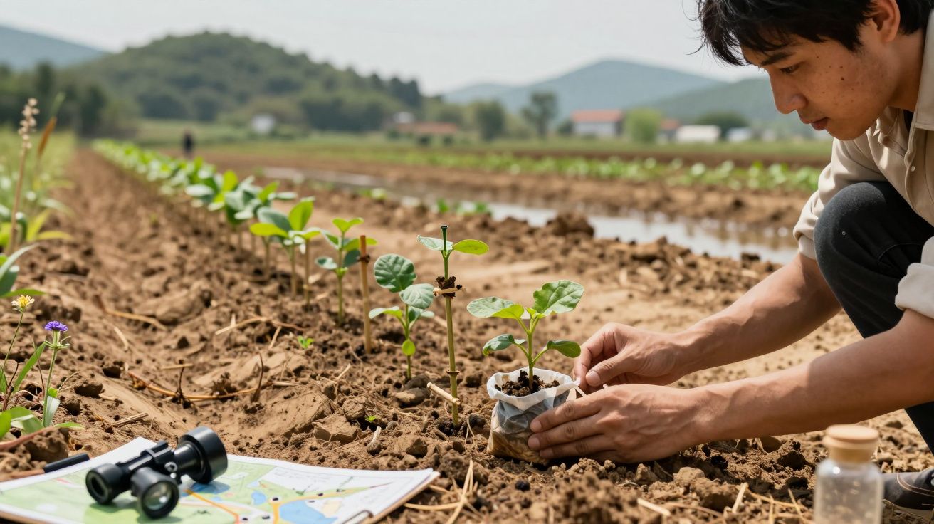 Homem cuidando de mudas numa horta, com binóculos e mapa ao lado, campo e montanhas ao fundo.