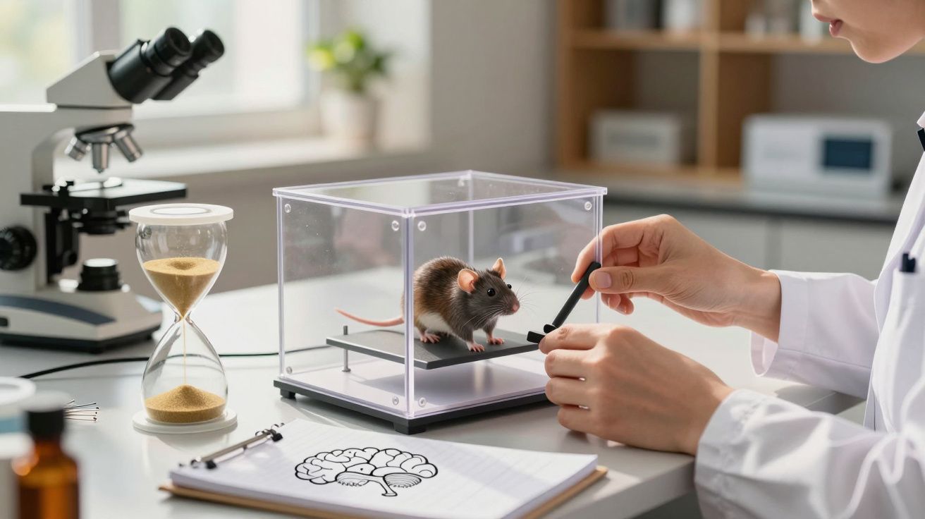Cientista em laboratório interage com rato num pequeno aquário, ao lado de ampulheta, microscópio e desenho de cérebro.