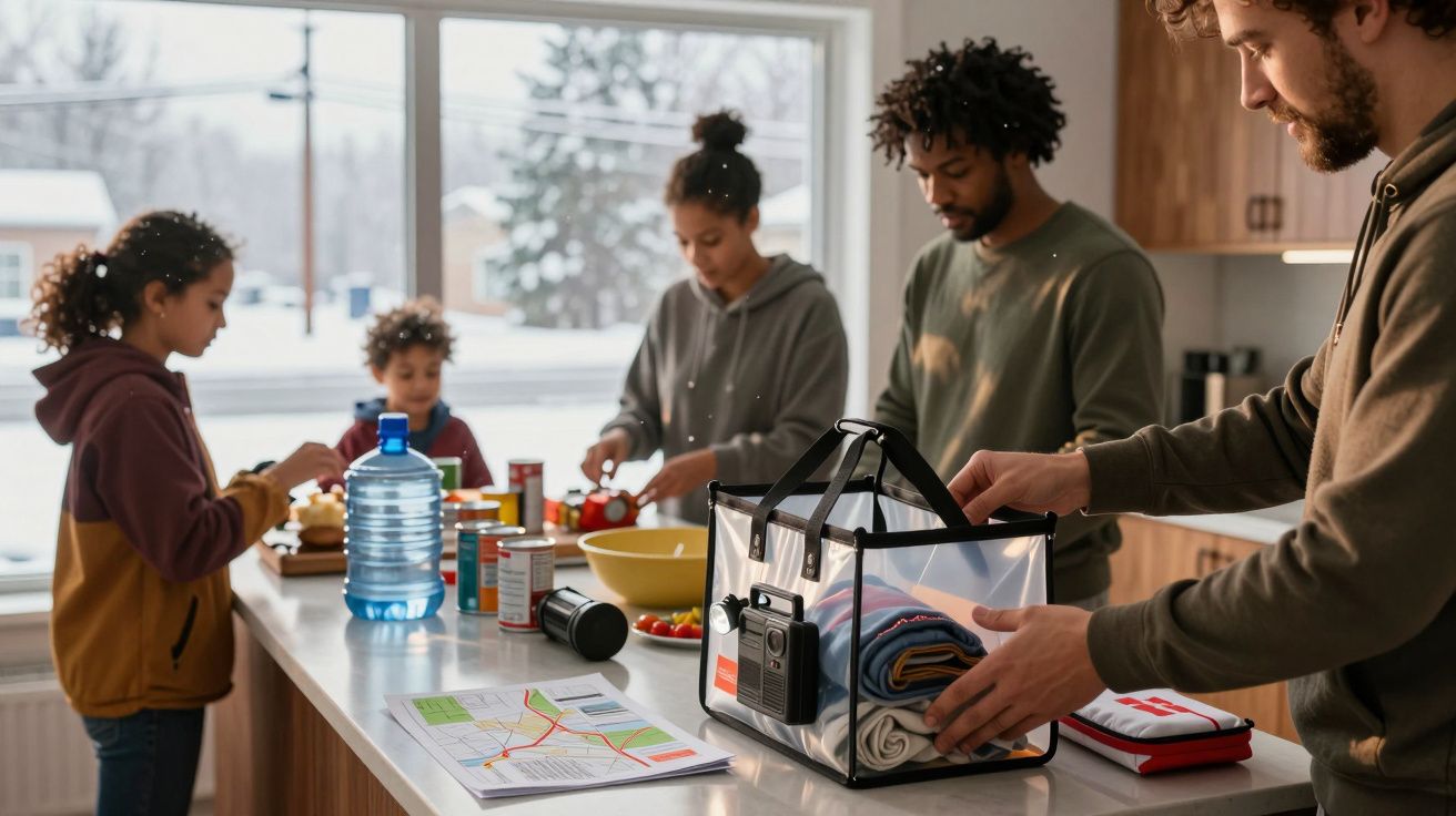 Família prepara kit de emergência na cozinha, com alimentos enlatados, água, mapa e rádio portátil sobre a mesa.
