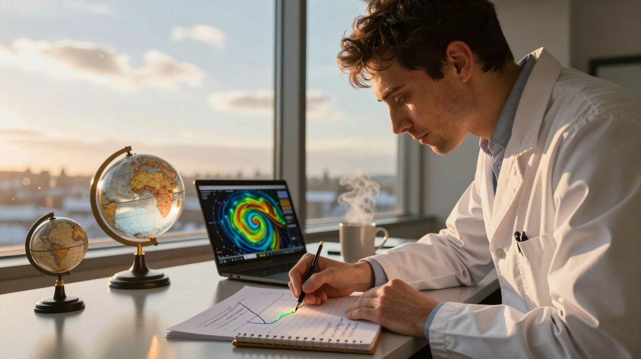 Cientista em escritório, analisando gráficos, com globos, portátil exibindo imagem meteorológica e chávenas de café sobre a m