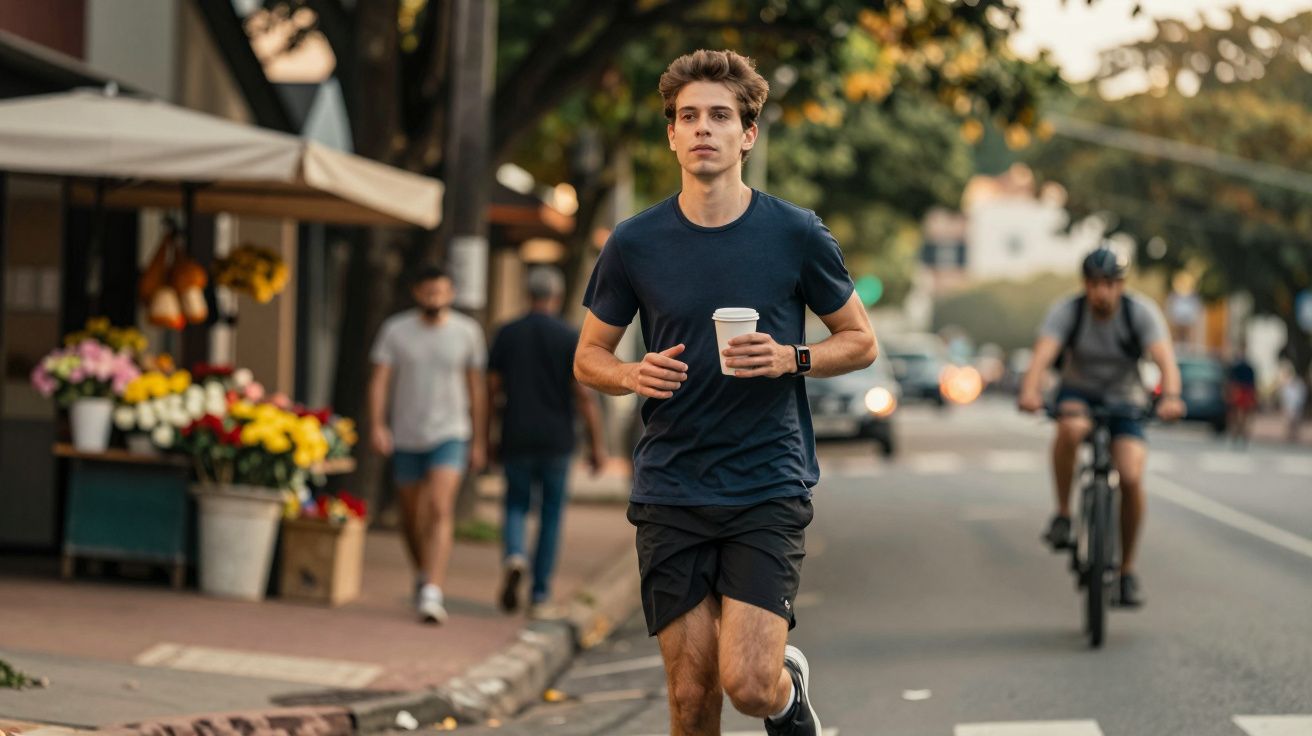 Homem a correr na rua com um café na mão. Pessoas e ciclista ao fundo, flores à esquerda.