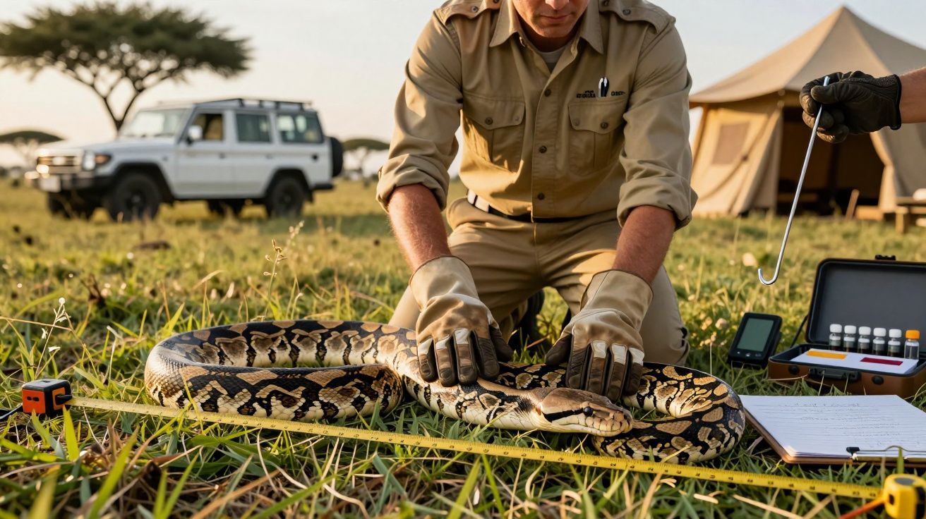 Homem a medir uma cobra no campo com ferramentas cientificas, próximo de uma tenda e jipe africano, em cenário de savana.