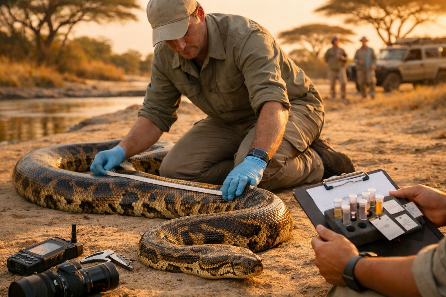 Investigador mede uma cobra numa planície africana, com jipe e equipamentos científicos ao fundo.