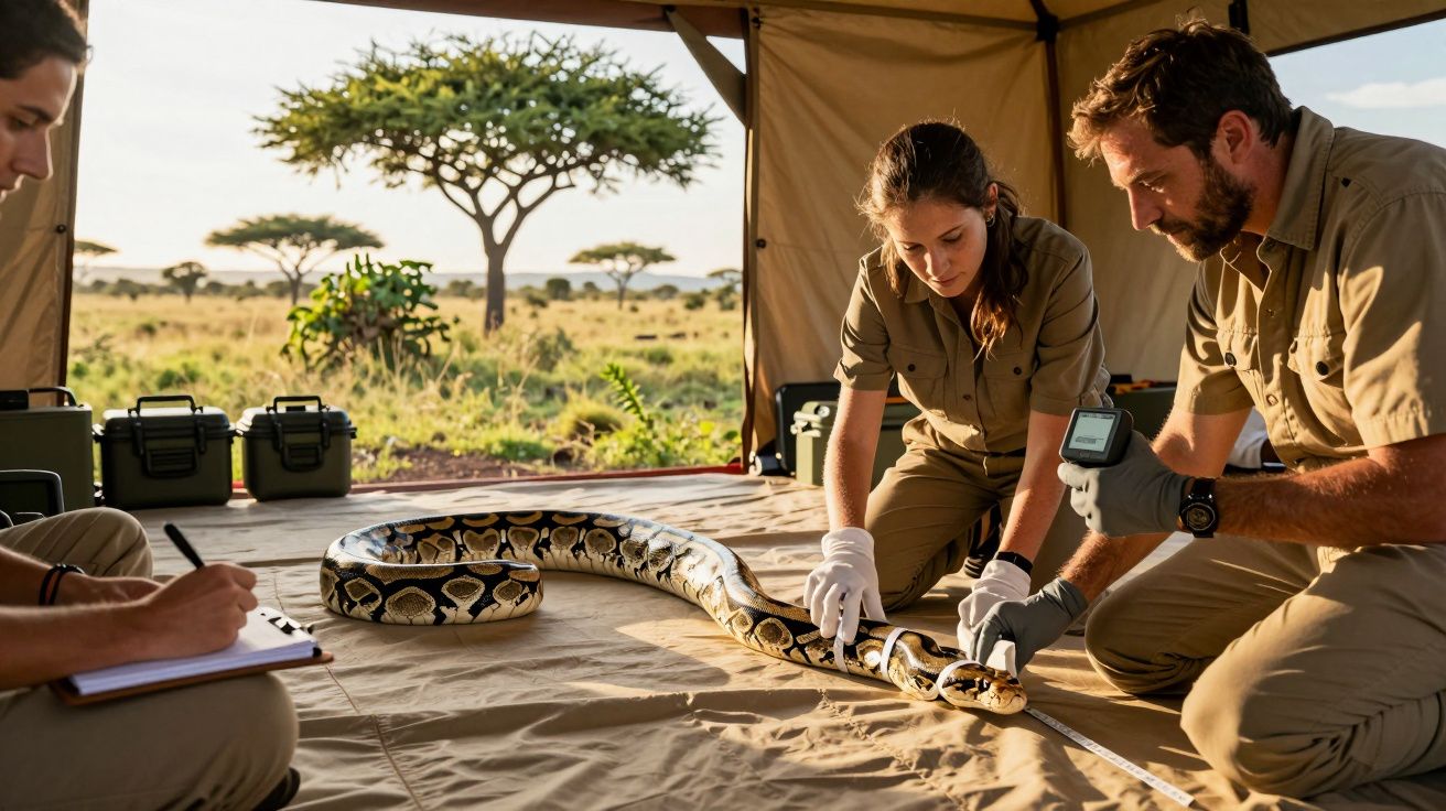 Três cientistas analisam uma cobra grande numa tenda de investigação na savana africana.