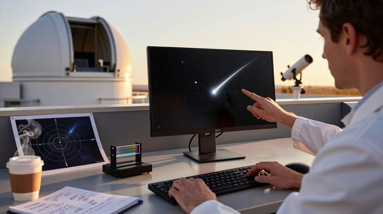 Cientista analisa cometa num monitor ao ar livre, com observatório, café e anotações ao lado.