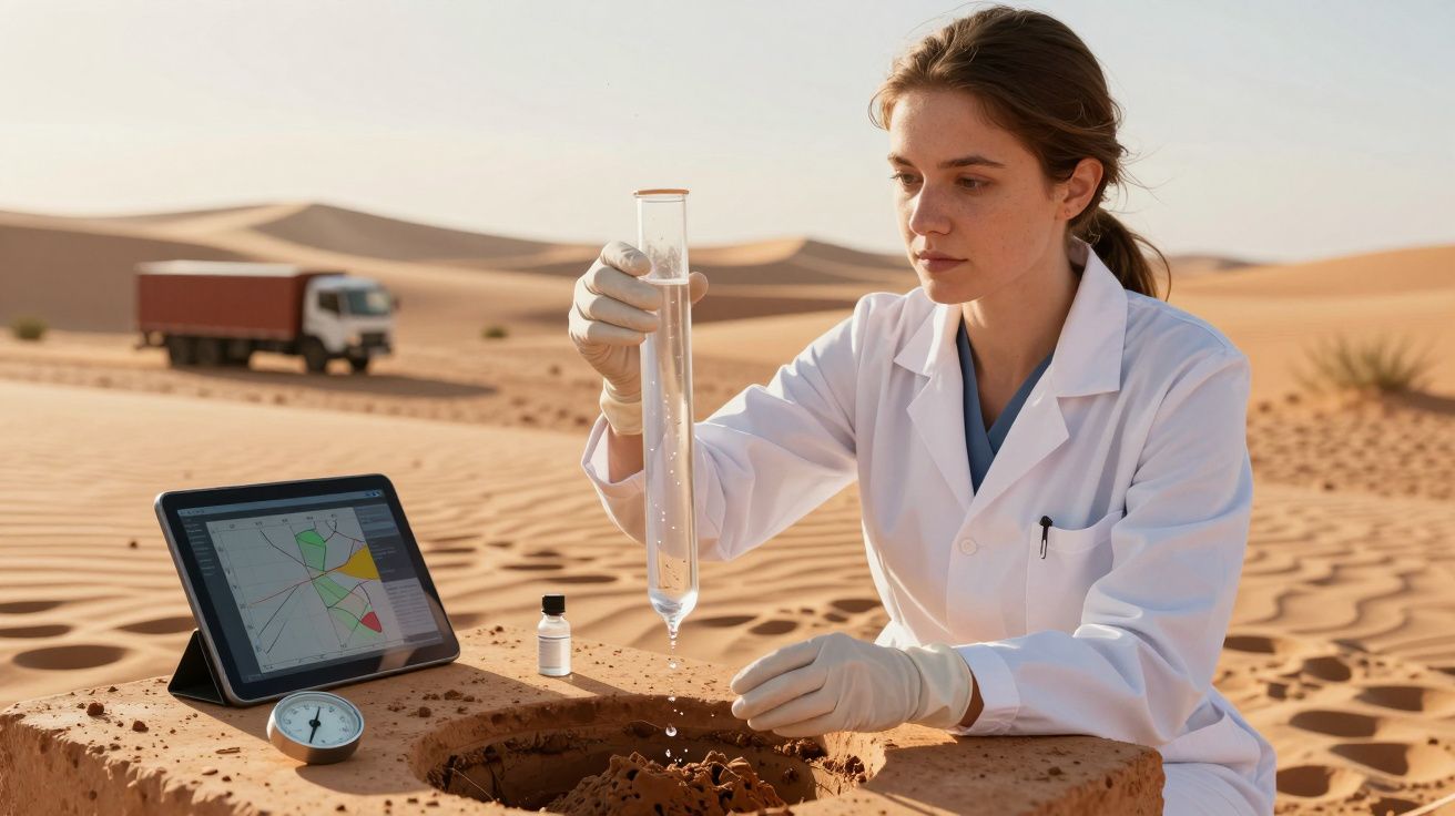 Cientista no deserto, analisando amostra de solo com tubo de ensaio; tablet ao lado com dados.