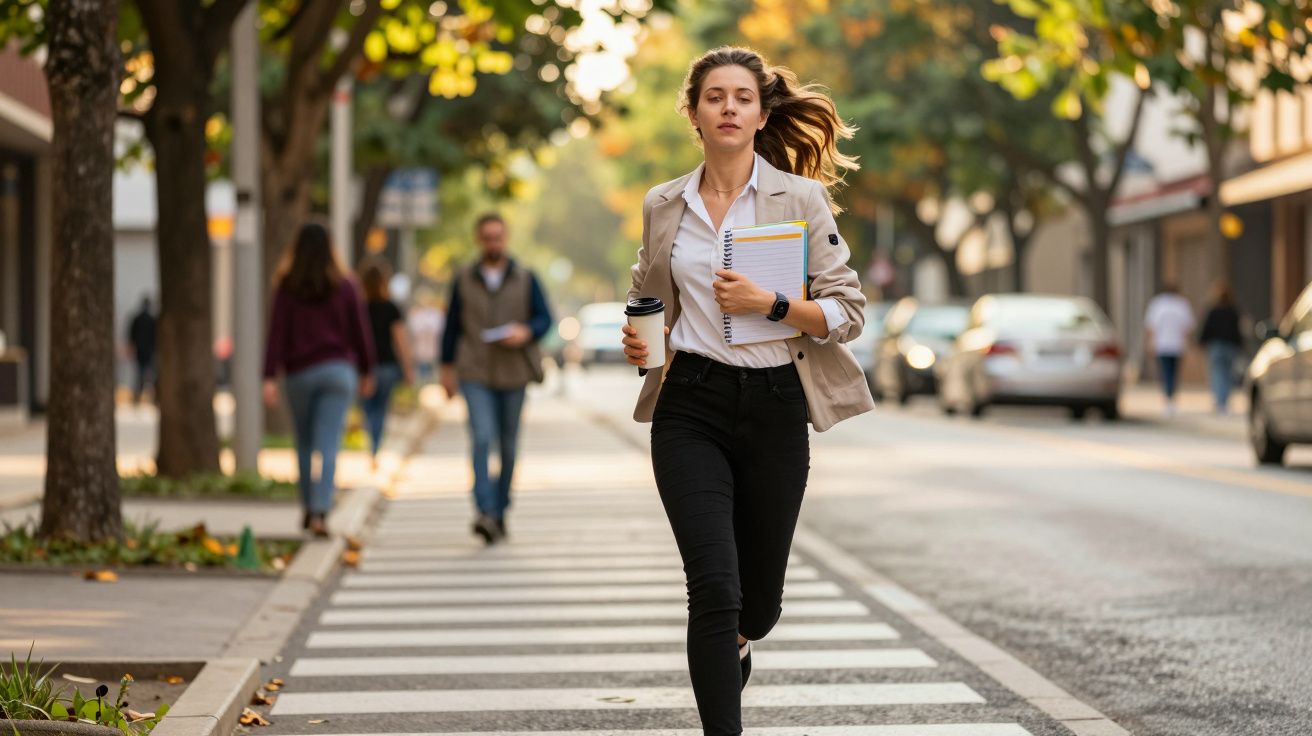 Mulher corre na passadeira urbana com copo de café e caderno na mão, árvores ao fundo.