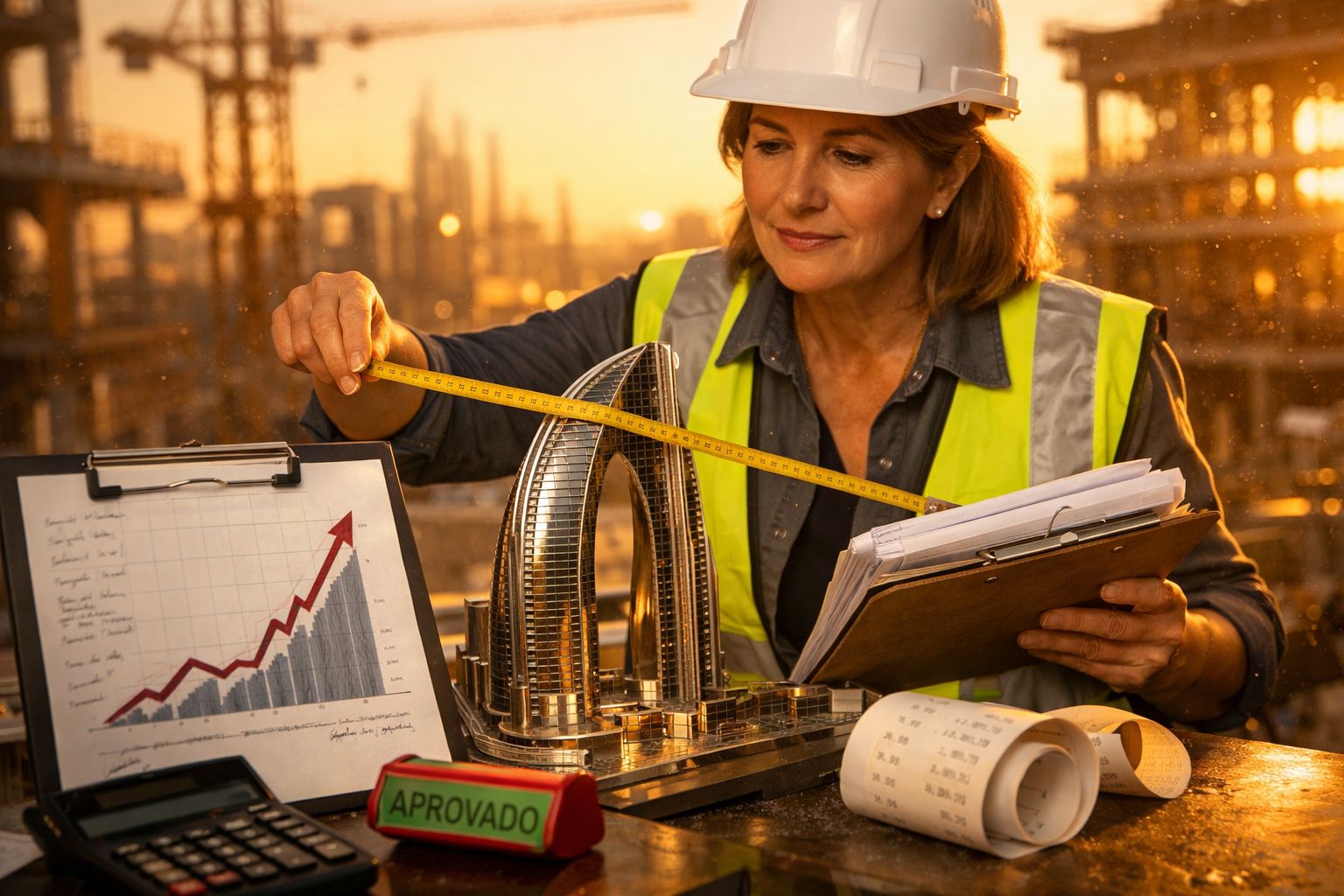 Grupo de jovens profissionais em reunião analisa gráficos e plantas numa sala de conferências com vista para a cidade.