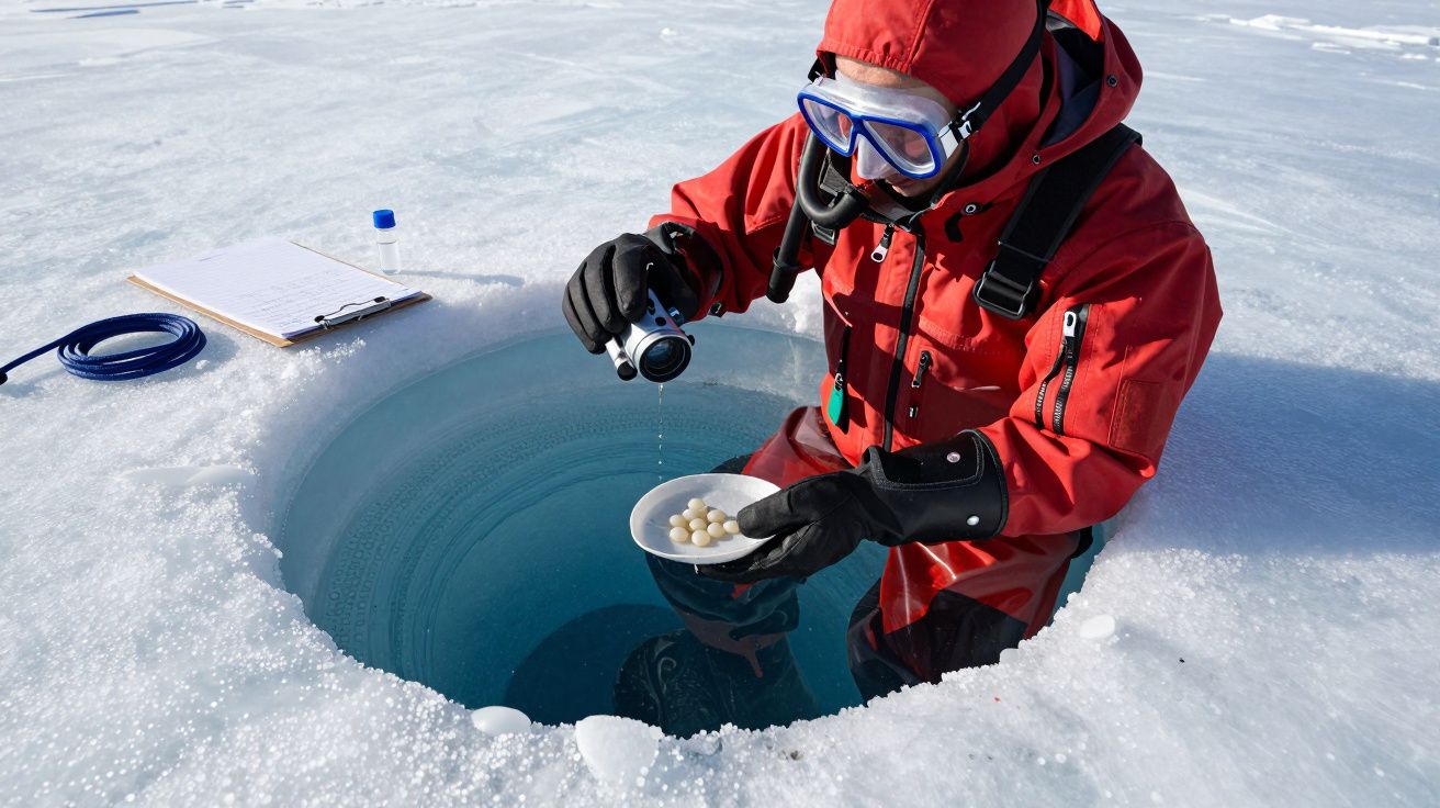 Investigador em fato vermelho recolhe amostras de água de um buraco no gelo ártico com uma tigela branca.