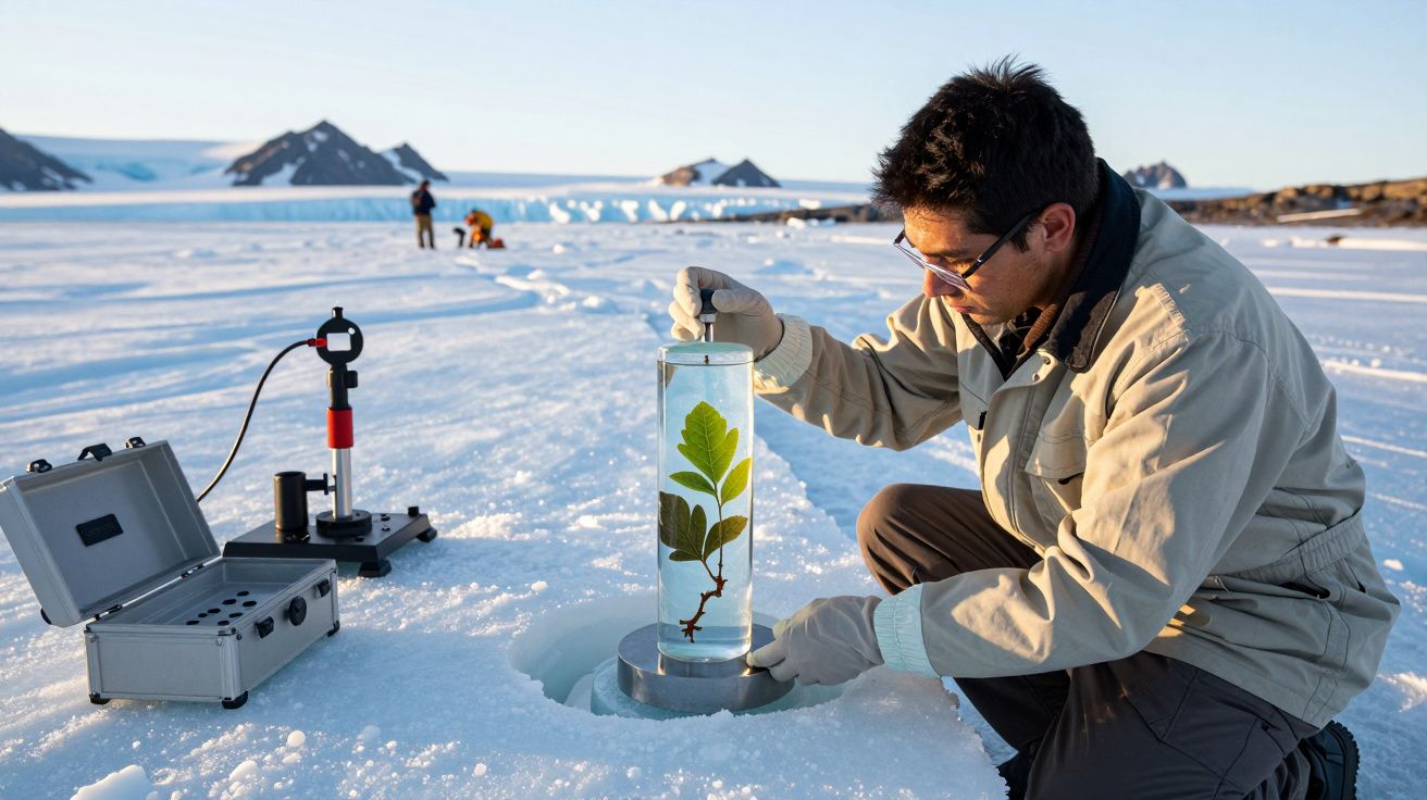 Cientista analisa planta em tubo de vidro sobre geleira, rodeado por equipamentos e investigadores ao fundo.