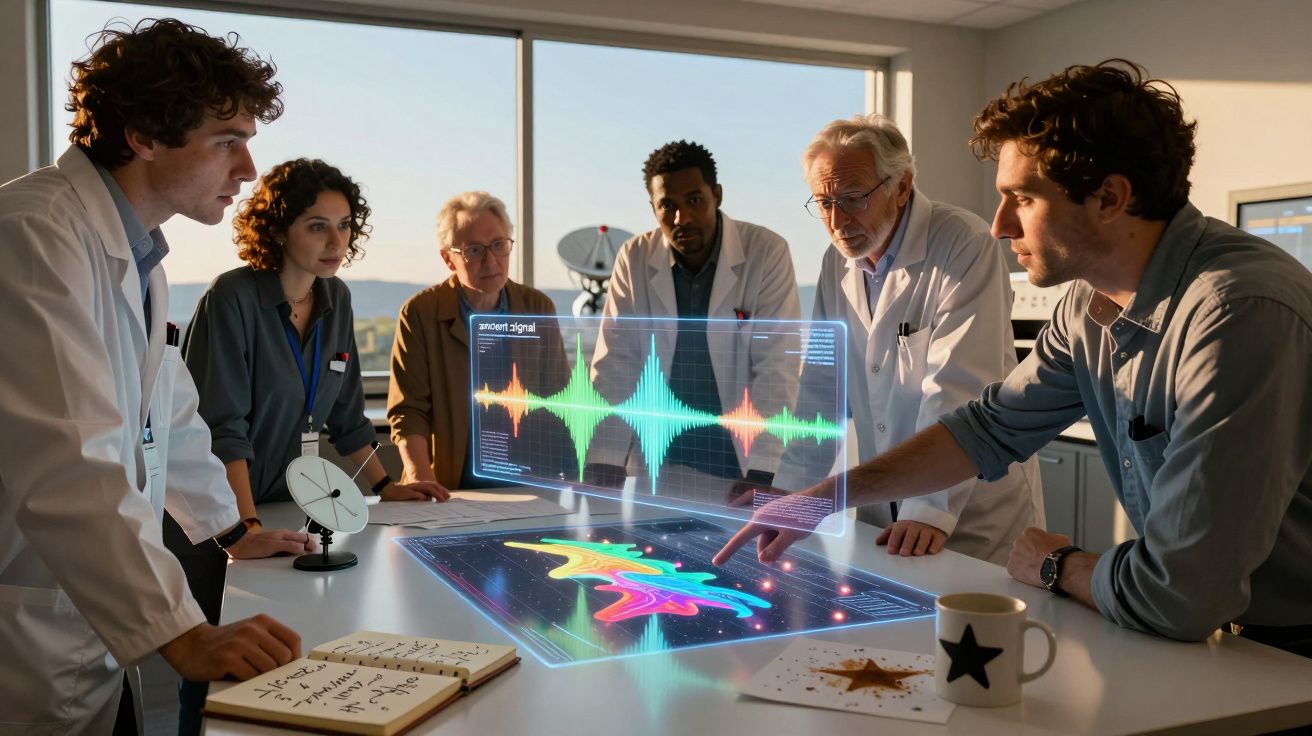 Cientistas discutem gráficos holográficos coloridos numa mesa, num laboratório moderno e iluminado.