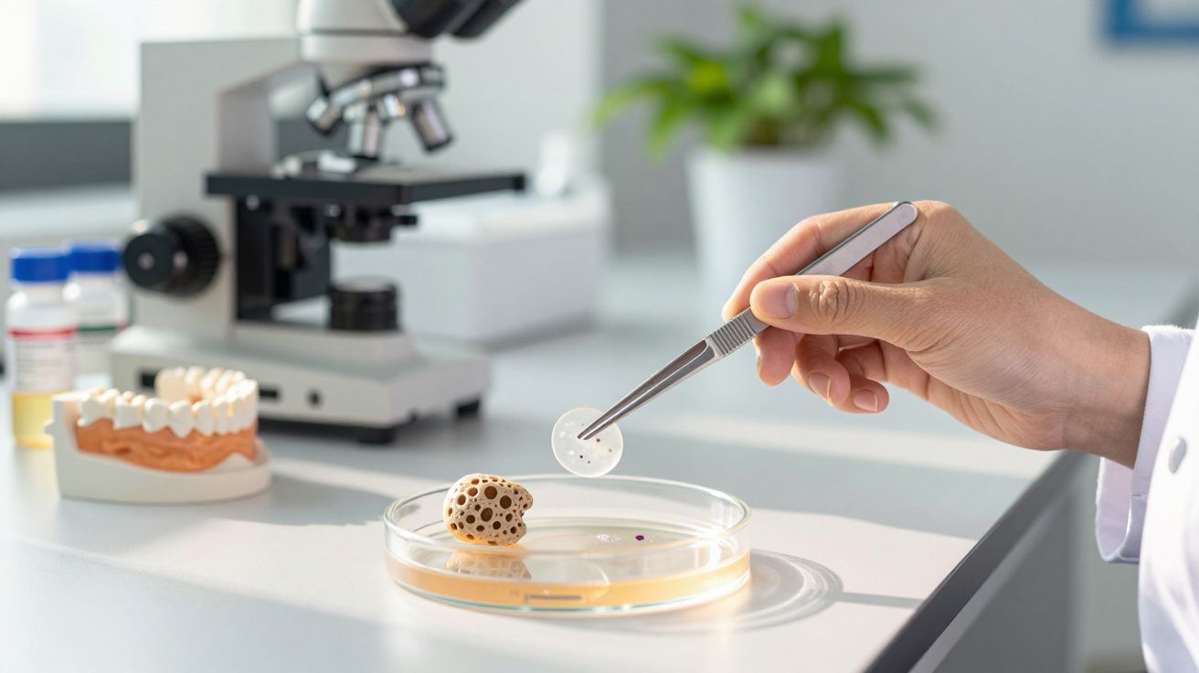 Mão segura pinça com amostra em laboratório, microscópio ao fundo.