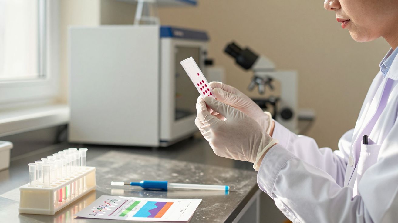 Cientista em laboratório analisa amostra em lâmina, com microscópio e tubos de ensaio ao fundo.