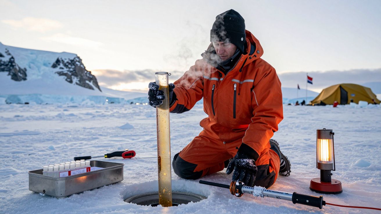 Cientista em traje laranja coleta amostra de gelo em paisagem ártica com equipamento científico e tenda ao fundo.