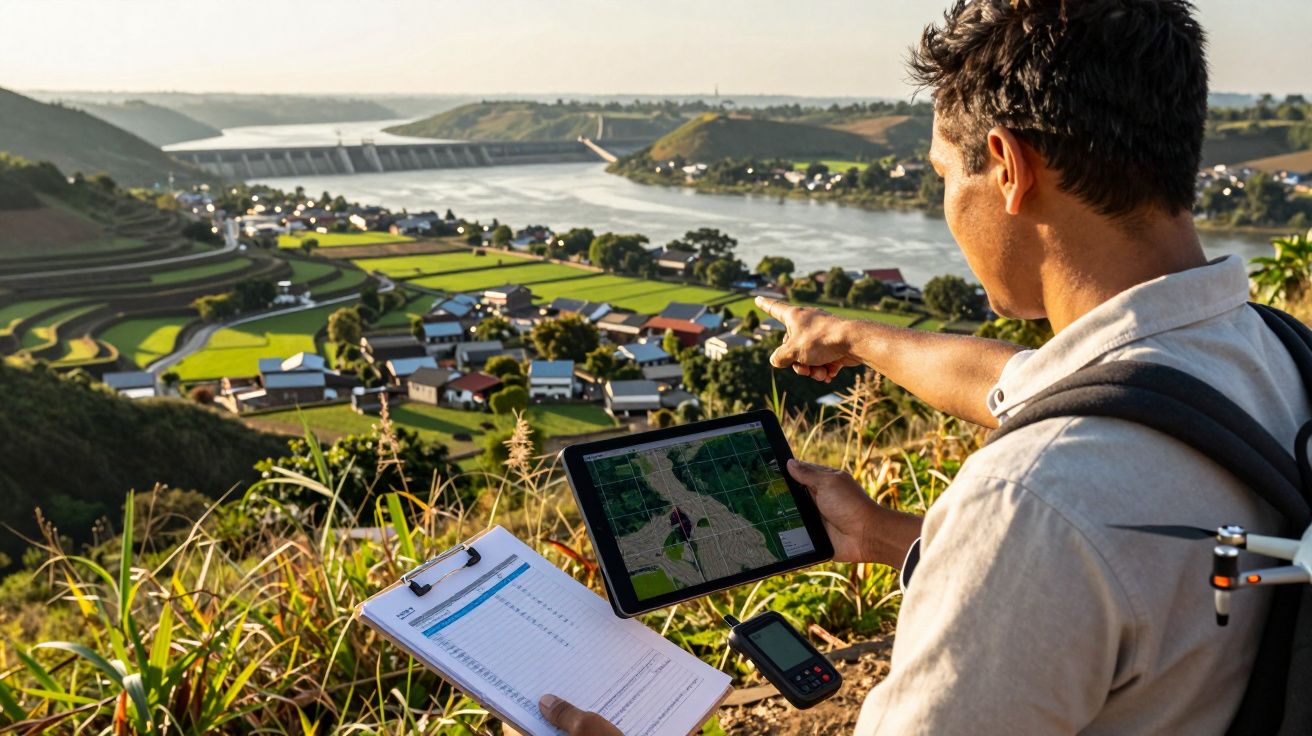 Homem aponta para campos e aldeia, segurando tablet com mapa. Paisagem com rio e ponte ao fundo.