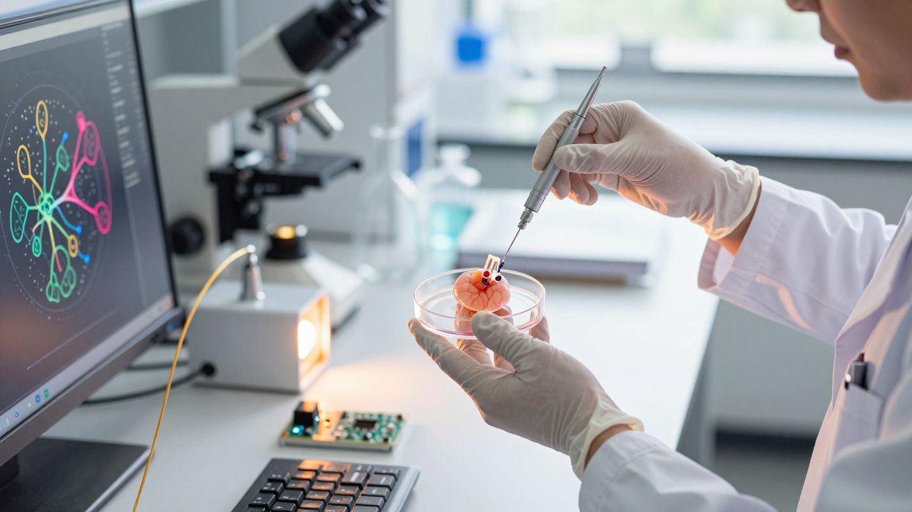 Cientista analisa amostra em placa de Petri com pinça, microscopio e computador ao fundo em laboratório.