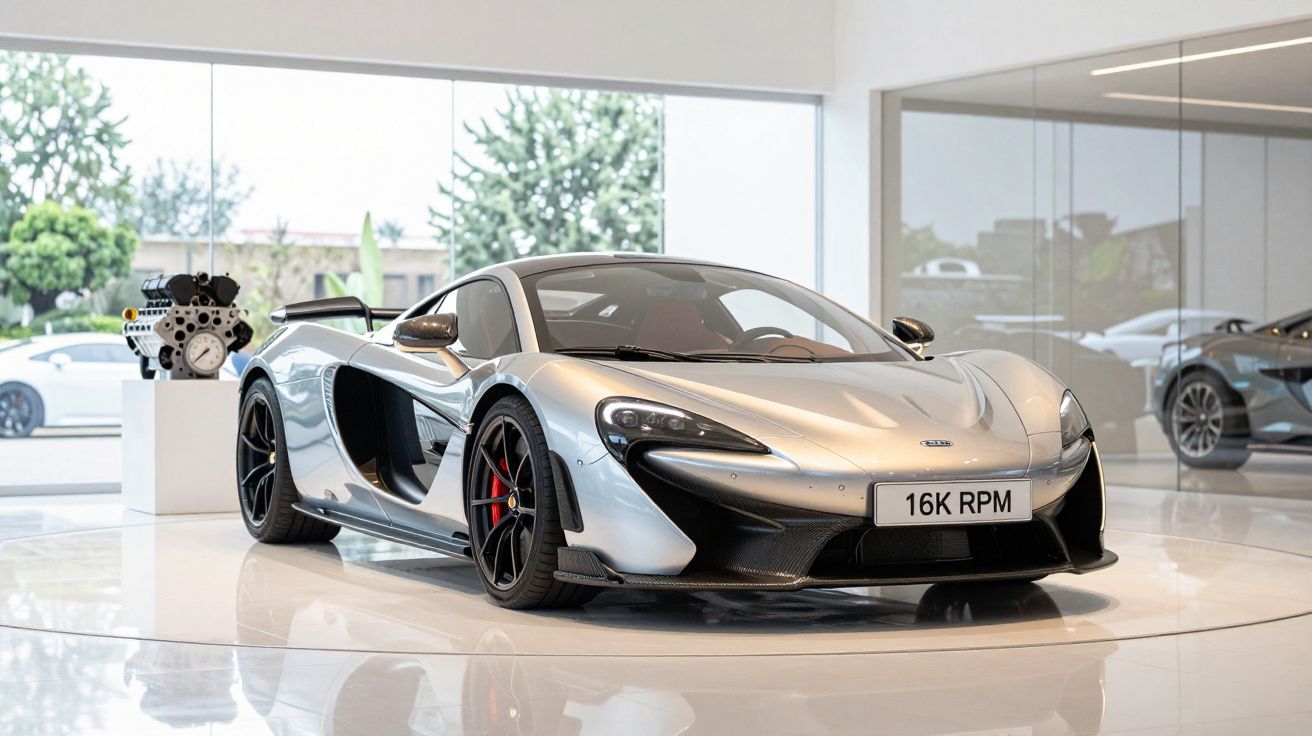 Carro desportivo prata em showroom elegante, com motor exposto ao fundo e vidraças grandes.