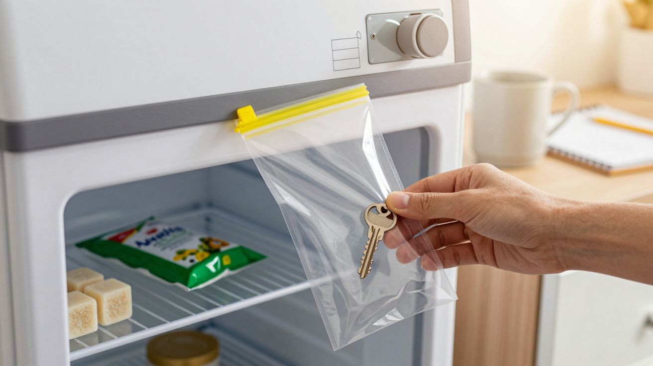Mão segura saco de plástico com chave, pendurado num frigorífico.