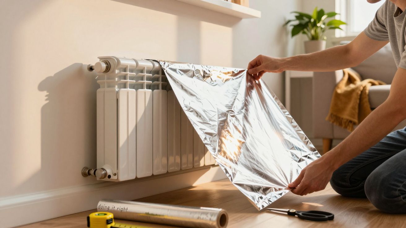 Pessoa coloca folha refletora atrás de um radiador branco numa sala iluminada.