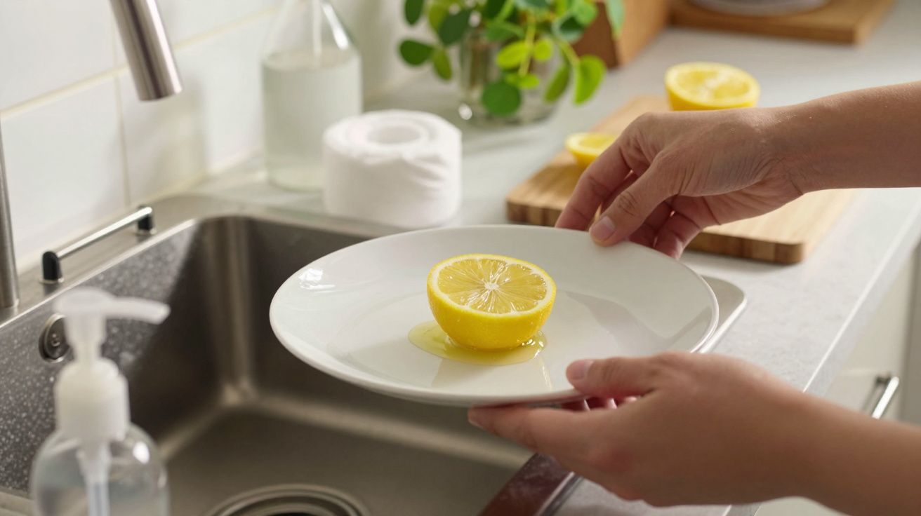 Mãos seguram prato com meio limão na cozinha, ao lado do lava-loiça.