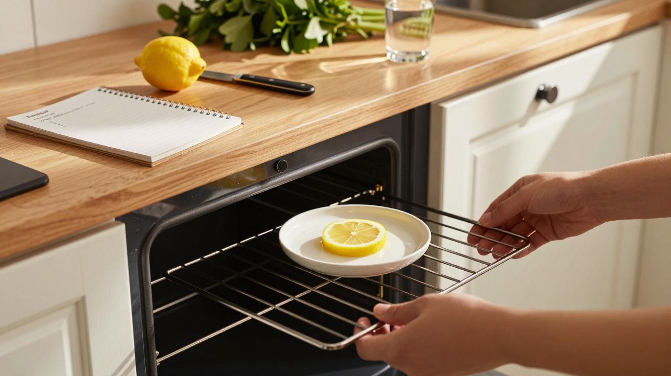 Pessoa coloca prato com fatia de limão em forno aberto, bancada com limão, bloco de notas e ervas.