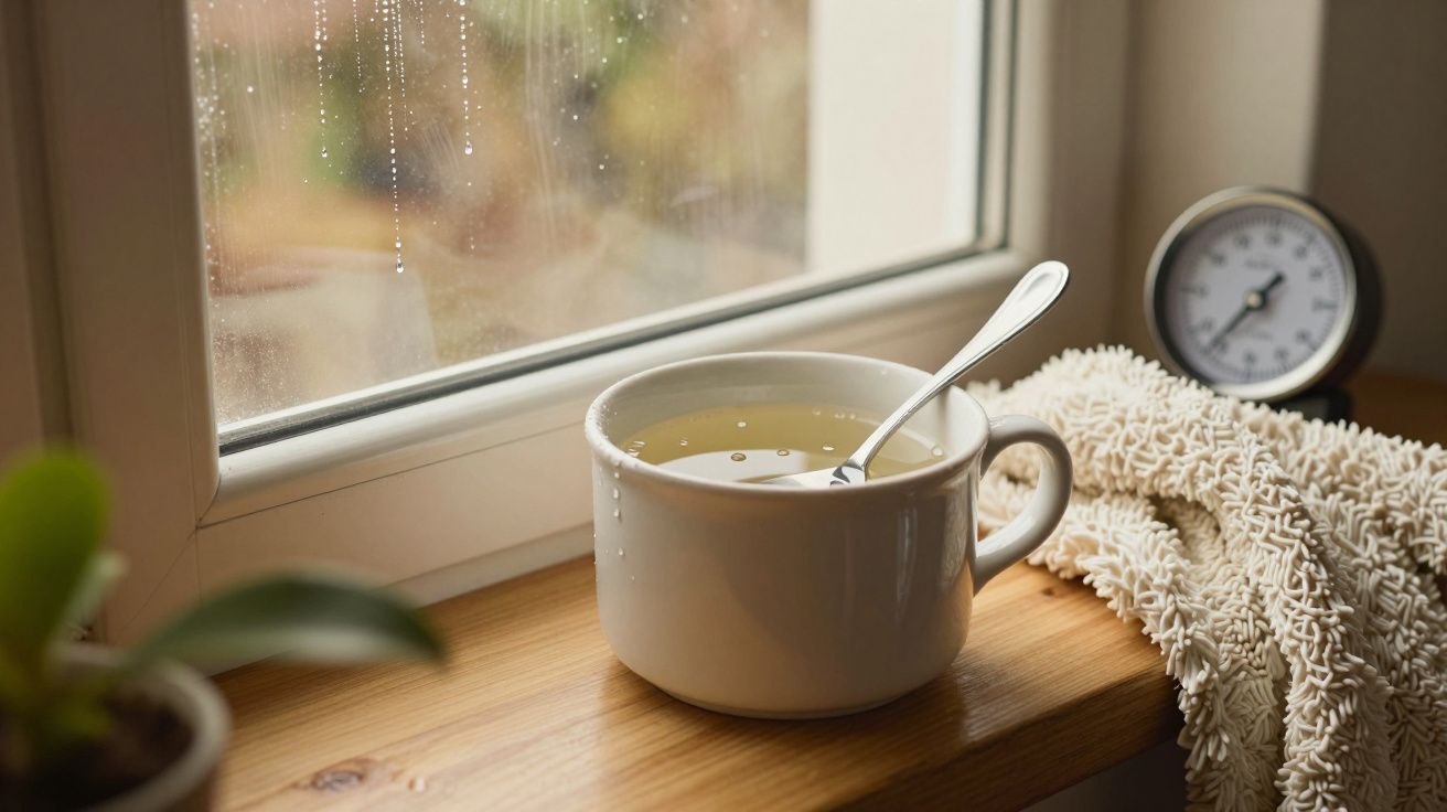 Chávena de chá numa janela com gotas de chuva e uma planta ao lado.