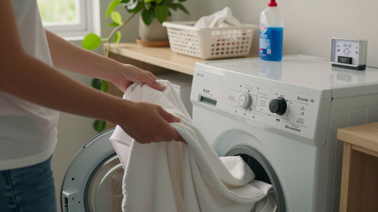 Pessoa coloca toalha branca numa máquina de lavar roupa, com cesto e produtos de limpeza ao fundo.