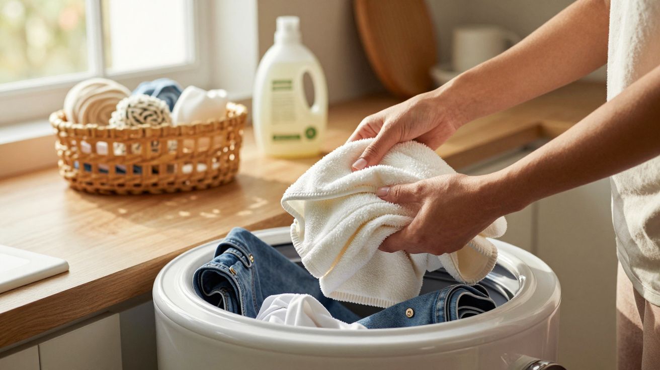 Pessoa a colocar roupa na máquina de lavar, com cesto e detergente ao fundo.