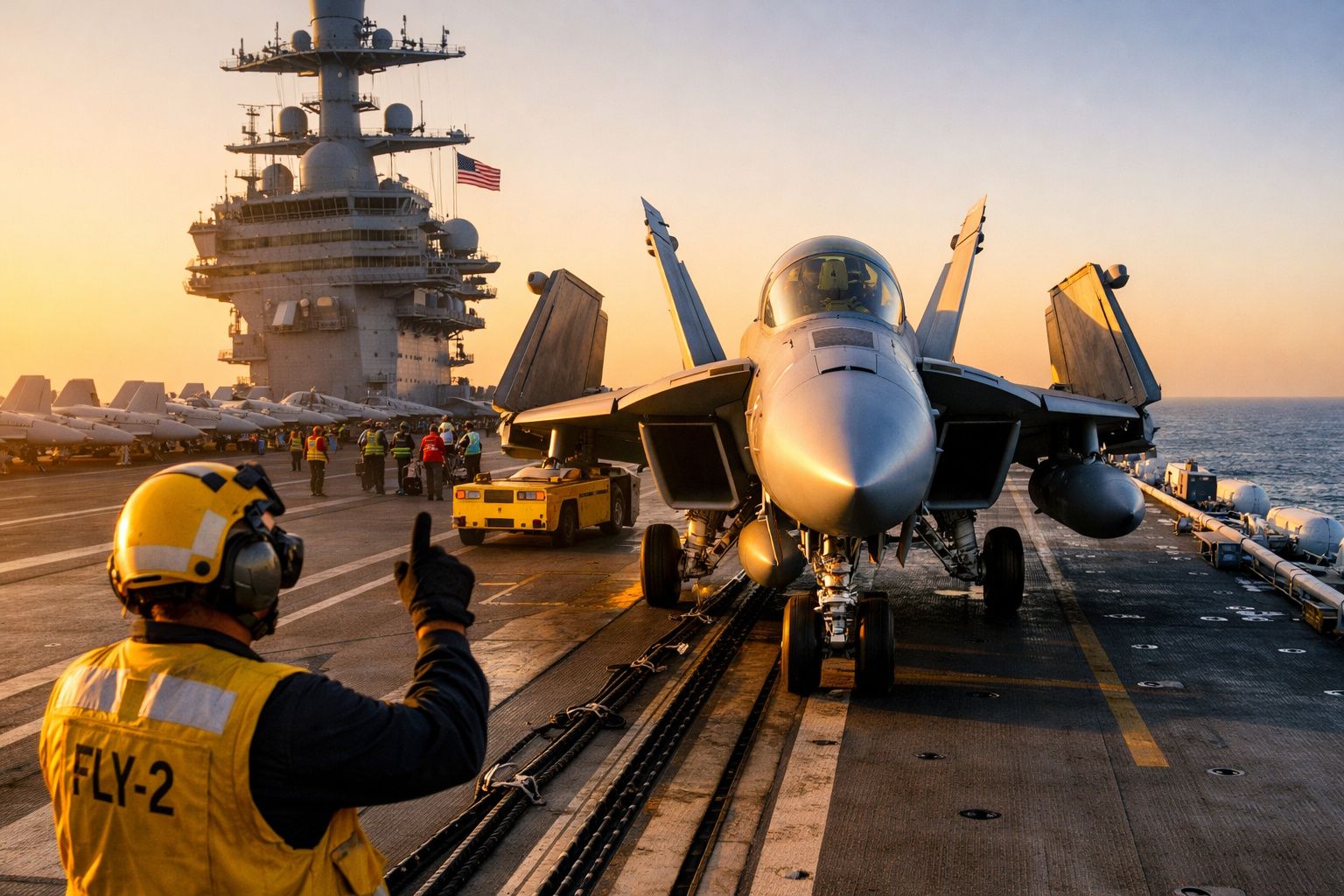 Operador de voo num porta-aviões direciona jatos alinhados no convés, ao pôr do sol, no meio do oceano.