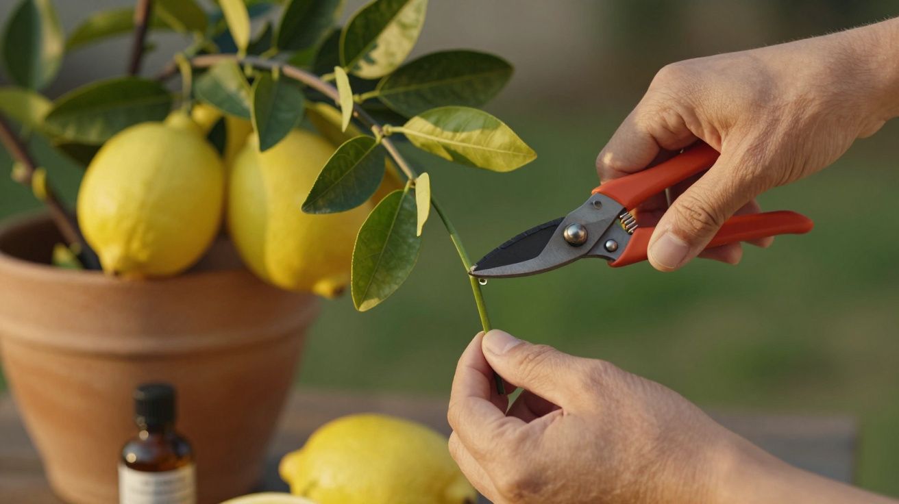 Mãos podando ramo de limoeiro com tesoura, ao lado de limões num vaso.