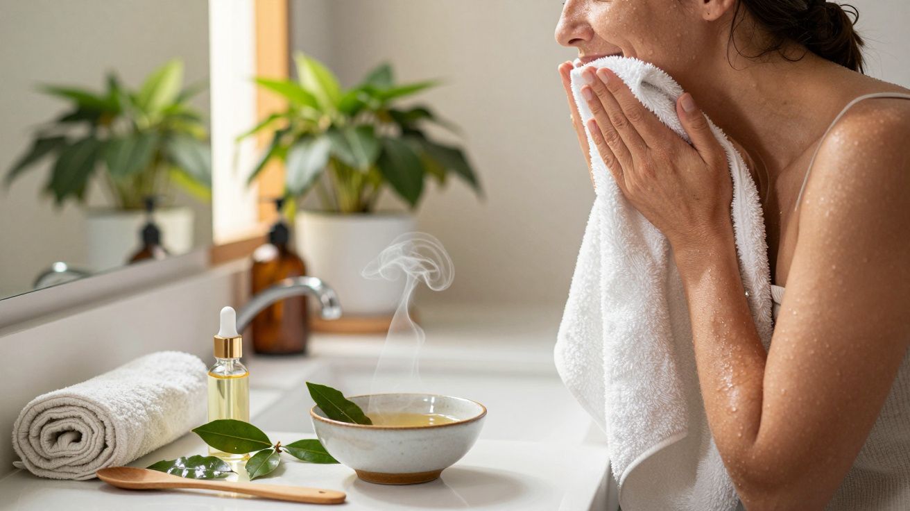 Mulher seca o rosto com toalha, ao lado de produtos de cuidado pessoal sobre a bancada da casa de banho.