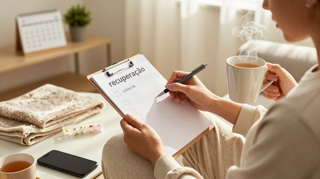 Pessoa sentada com chá, preenchendo lista de recuperação num bloco de notas. Toalhas e calendário ao fundo.