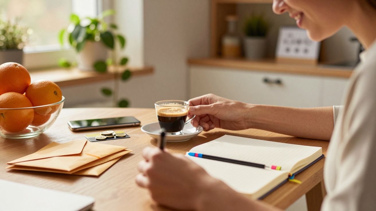 Pessoa escreve num caderno e segura café. Mesa com laranjas, envelopes e telemóvel junto de janela.