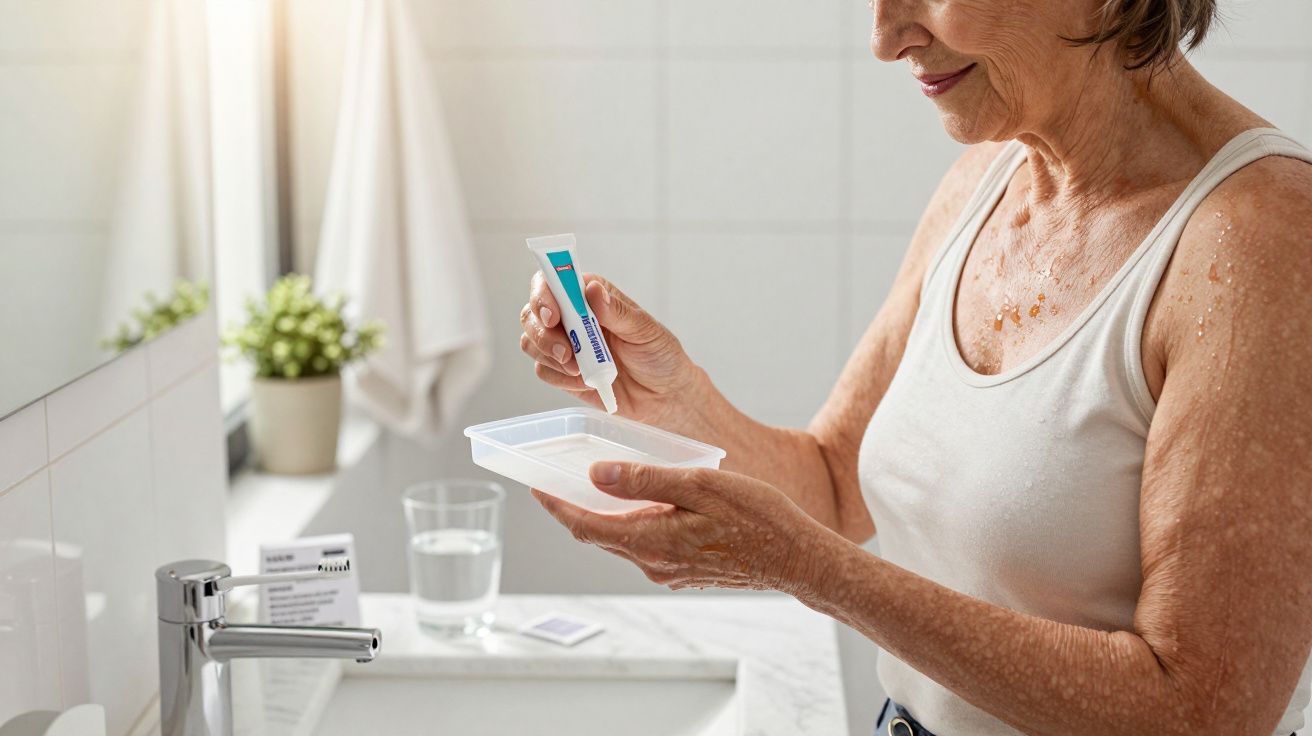 Mulher idosa em casa de banho aplica produto num tabuleiro de plástico sobre lava-loiça branco.