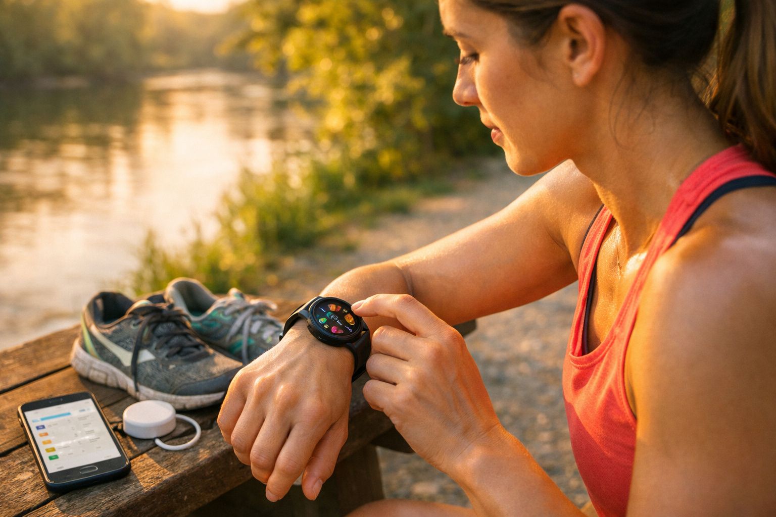 Mãos seguram um smartwatch com ecrã de círculo colorido, ao lado de um smartphone e uma toalha numa mesa de madeira.