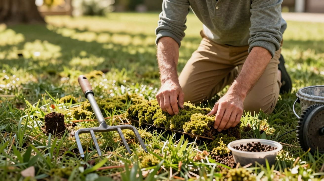 Pessoa ajoelhada a jardinar, arranjando plantas verdes no solo com ferramentas de jardinagem próximas.