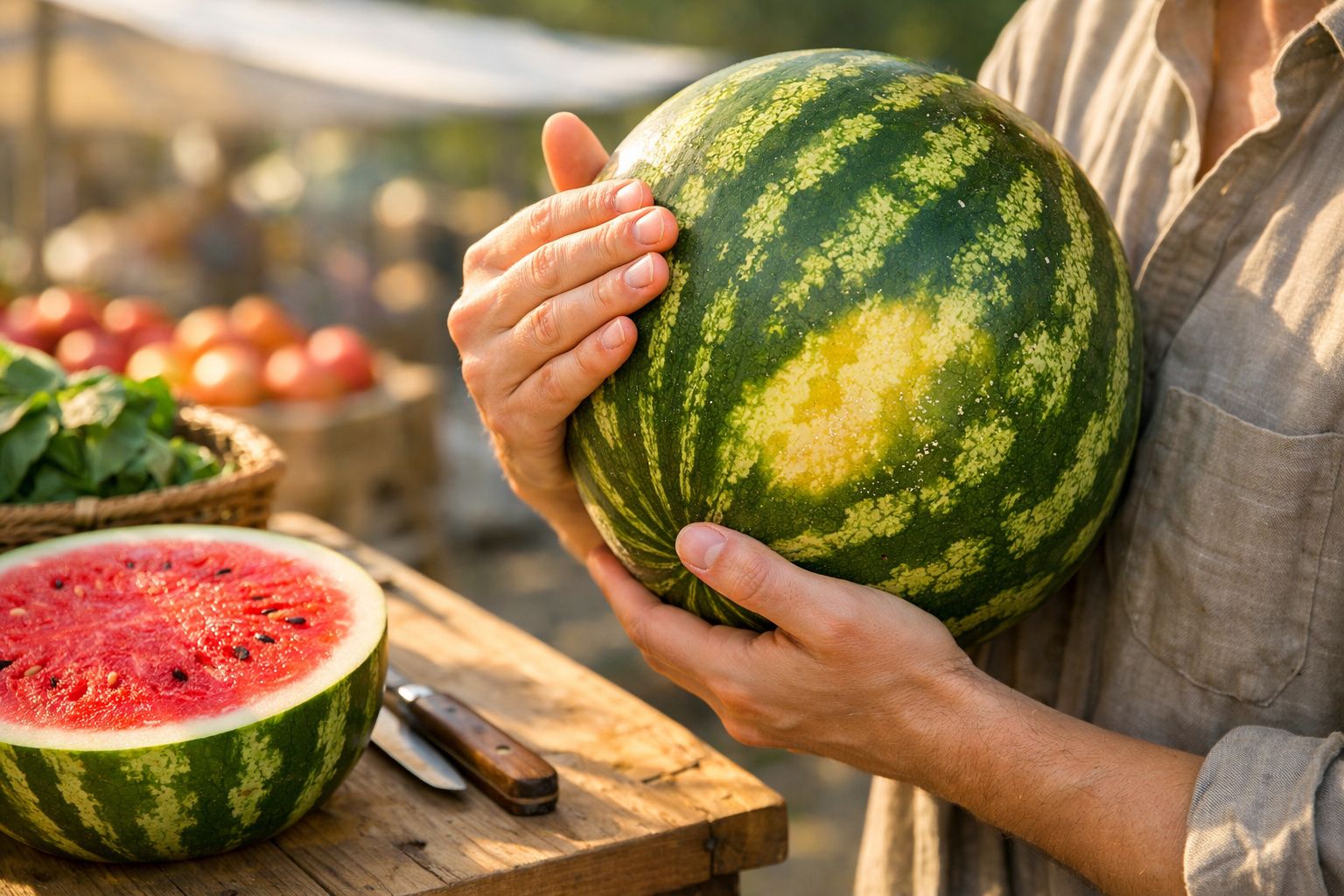 Mãos segurando melancia listrada, com uma fatiada ao lado mostrando a polpa vermelha e sementes pretas.