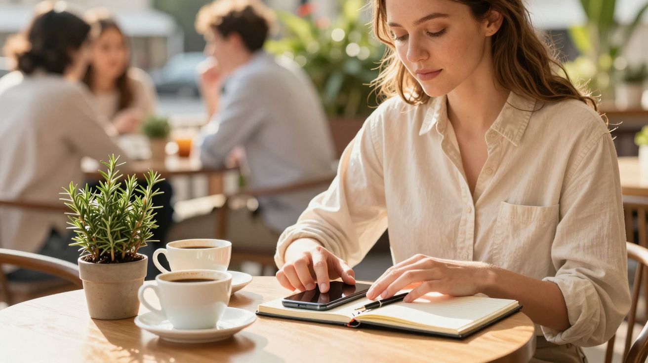 Mulher tomando café e escrevendo num caderno numa esplanada, com um vaso de planta e pessoas ao fundo.