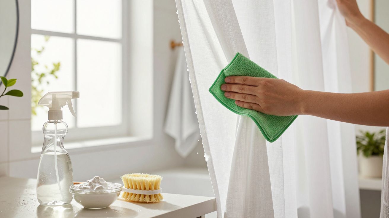 Mão limpando cortina de chuveiro com pano verde, spray e escova sobre bancada branca ao lado de janela iluminada.